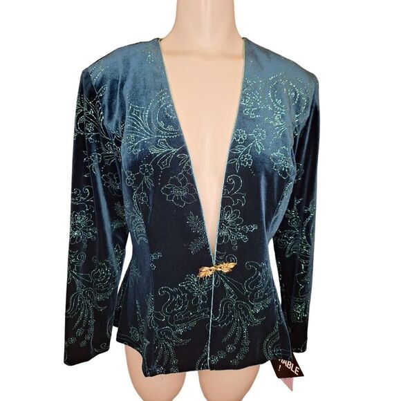 R&M Richards Womens Size 6 Petite Velvet Suit Jacket Deep Teal Green Embellished - Picture 1 of 9
